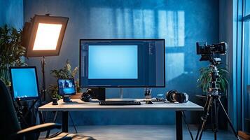 A computer desk with a monitor, keyboard, and mouse photo