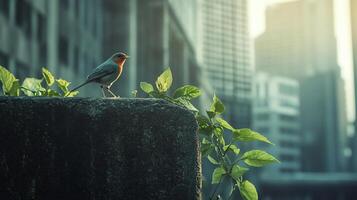 A small bird is perched on a rock in front of a city skyline photo