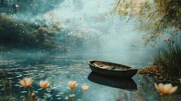 A small boat is floating on a lake with a lot of butterflies flying around it photo