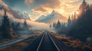 A train tracks in the middle of a forest with mountains in the background photo