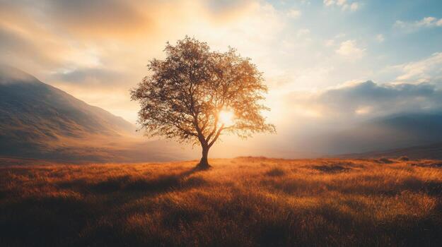 A tree is in the middle of a field with a bright sun shining on it photo