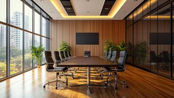 A large conference room with a long table and many chairs photo