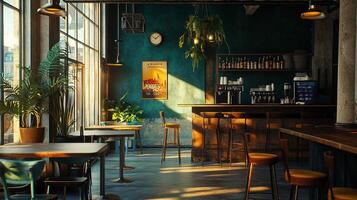 A restaurant with a blue wall and a clock on the wall photo