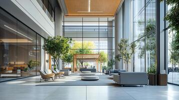 A large, open lobby with a lot of greenery and seating photo