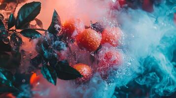 A bunch of oranges are floating in a cloud of smoke photo