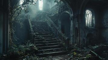 A dark, abandoned building with a staircase leading up to it photo