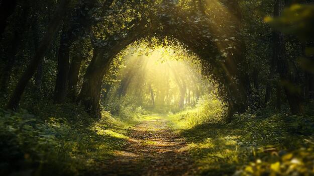 A path in a forest with a large archway in the middle photo