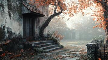 A deserted courtyard with a tree in the middle and a building in the background photo