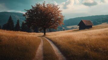 A road leads to a small house in a field photo