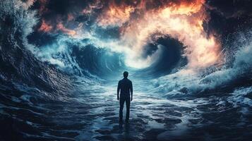 A man stands in the middle of a huge wave photo