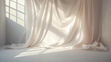 A white room with a curtain hanging from the ceiling photo