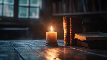 A candle is lit on a table next to two books photo