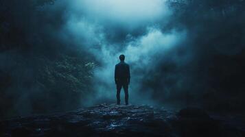A man stands in the middle of a forest, looking up at the sky photo