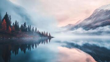 A mountain range with a lake in the foreground photo