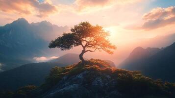 A tree is on a mountain top with the sun shining on it photo