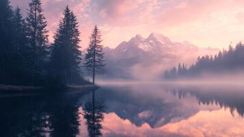 A serene and peaceful scene of a lake surrounded by trees and mountains photo