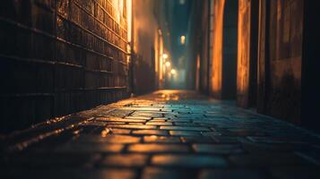 A dark alleyway with a brick sidewalk and a wet, shiny surface photo