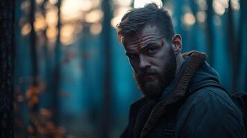 A man with a beard and a backpack is standing in a forest photo