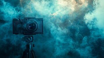 A camera is set up in front of a blue and white background with a lot of smoke photo