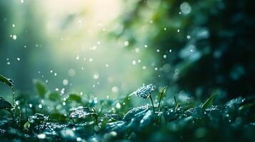 A lush green field with raindrops on the leaves photo