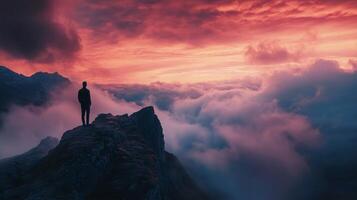 A man stands on a mountain top, looking out over a beautiful, cloudy sky photo