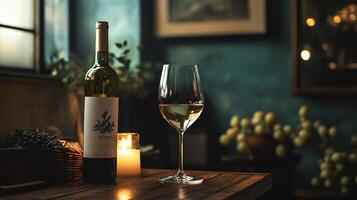 A bottle of wine and a wine glass are on a table in a dimly lit room photo