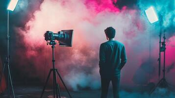 A man stands in front of a camera with a smokey background photo