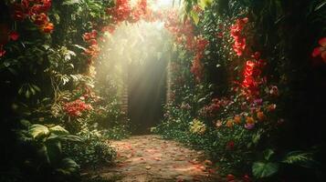 A lush green forest with a red archway leading through it photo