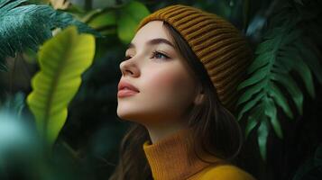 A woman wearing a yellow hat and a sweater is looking at the camera photo