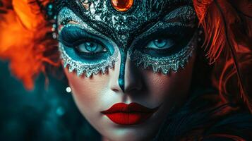 A woman with a mask on her face and red lips photo