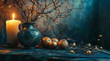 A candle is lit in a blue vase with a few apples and branches photo