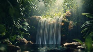 A waterfall in a lush jungle with sunlight shining on it photo