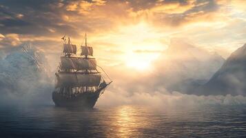 A large ship sails through a foggy sea with a beautiful sunset in the background photo