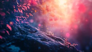 A colorful, blurry image of a forest with a bright sun shining through the trees photo