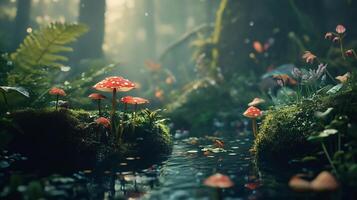 A forest scene with a stream and a bunch of mushrooms photo
