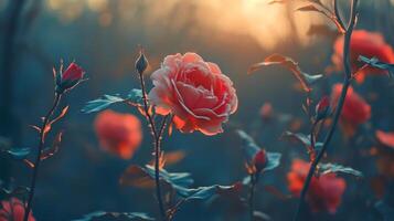 A close up of a red rose with a blue background photo