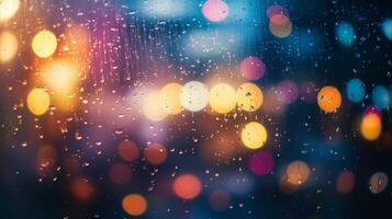 A blurry image of raindrops on a window with a colorful background photo