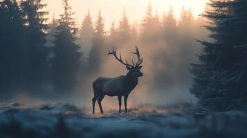 A deer stands in a snowy field with trees in the background photo