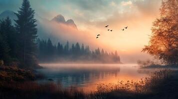A beautiful landscape with a lake and trees photo