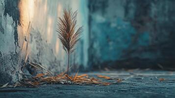 A small plant is growing in the dirt next to a wall photo
