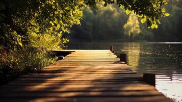 A wooden bridge over a body of water with trees in the background photo