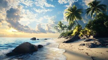 A beautiful beach scene with palm trees and a rocky shore photo