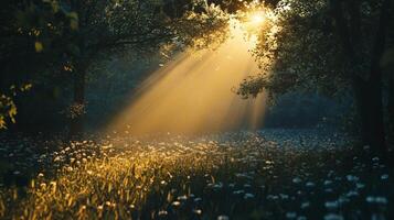 A field of grass with sunlight shining through the trees photo
