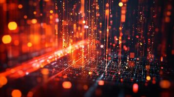 A computer generated image of a cityscape with bright orange lights photo