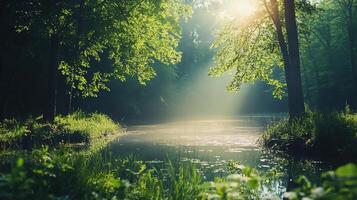 A forest with a river running through it photo