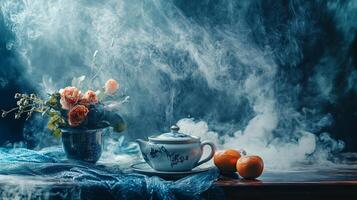 A vase of flowers sits on a table next to a teapot and two oranges photo