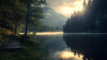 A serene lake with a wooden dock and a tree in the background photo