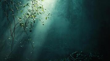 A tree with leaves is in the foreground of a dark background photo