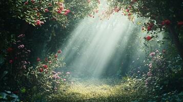 A forest with a path through it and a lot of pink flowers photo