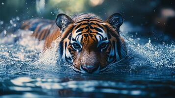A tiger is swimming in a body of water photo
